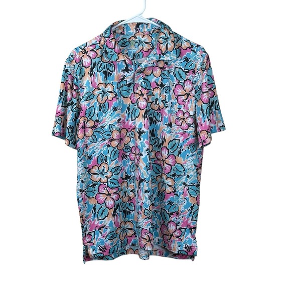 Chubbies Mens Small Blue Polo Hawaiian Floral Short Sleeve Golf Performance EUC - Picture 1 of 6